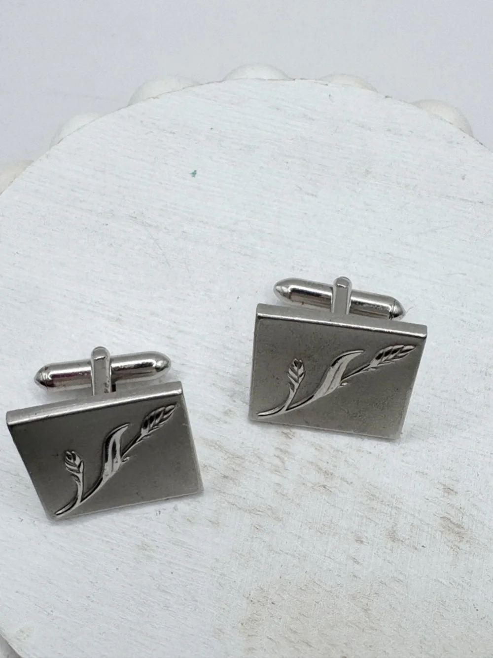 Vintage Swank MCM brushed silver tone square cufflinks with raised wheat motif
